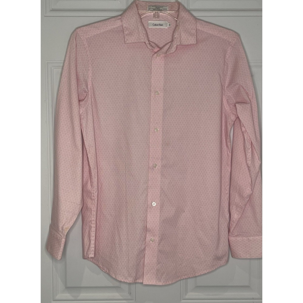 Calvin Klein Boys Size 16 Pink Long Sleeve Dress Shirt Geometric Honeycomb Print